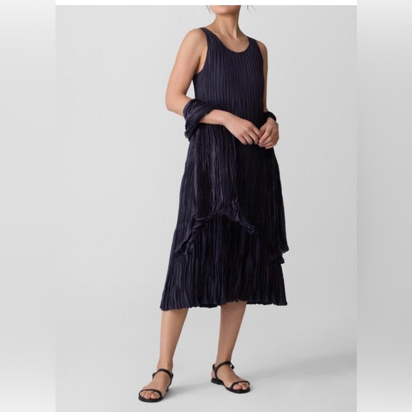 Eileen Fisher Dresses & Skirts - Eileen Fisher Old Money Silk Pleated Layered Charcoal Sleeveless Maxi Dress